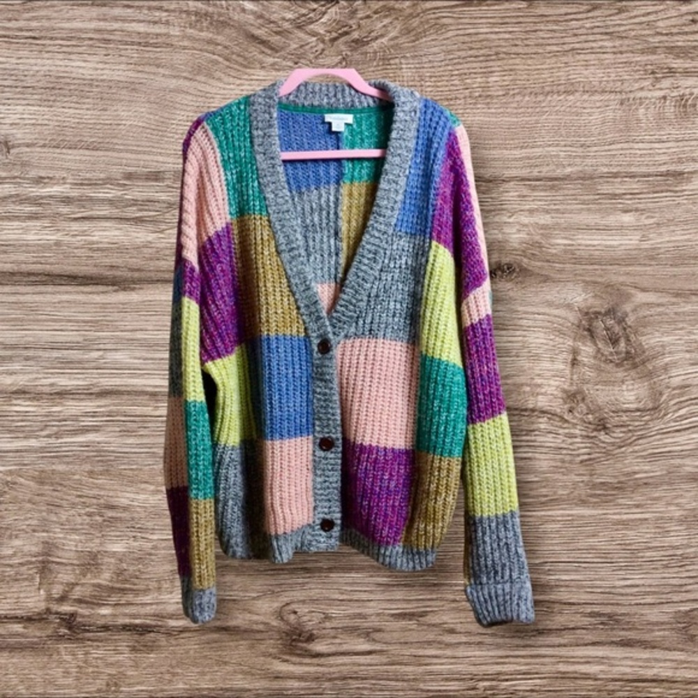 Sundance chunky wool blend color block V-neck cardigan sweater XL
